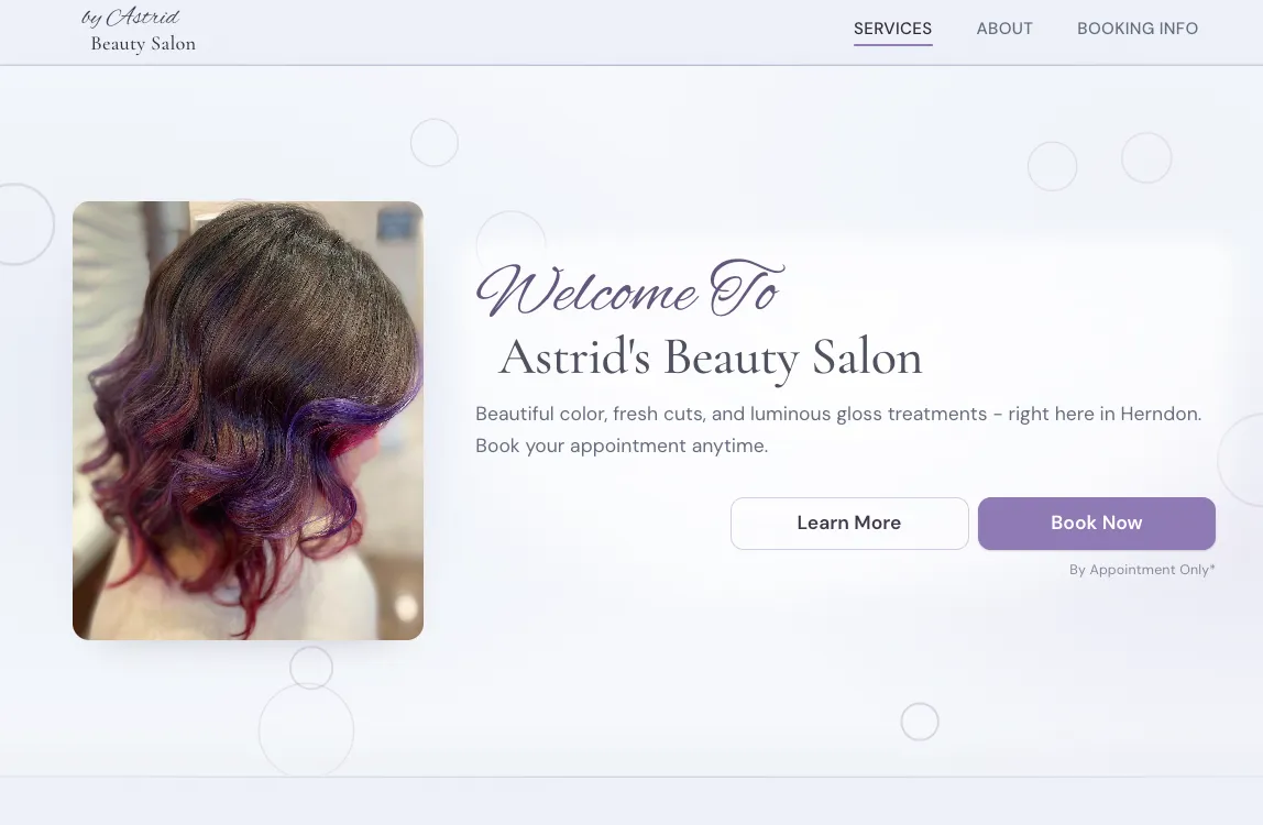 Screenshot of the Astrid Beauty Hair Salon website showing service listings and booking information