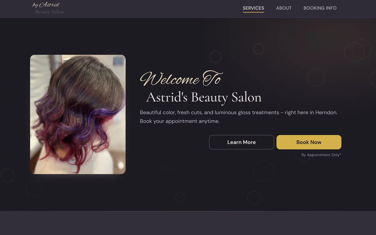 Screenshot of the Astrid Beauty Hair Salon website showing service listings and booking information