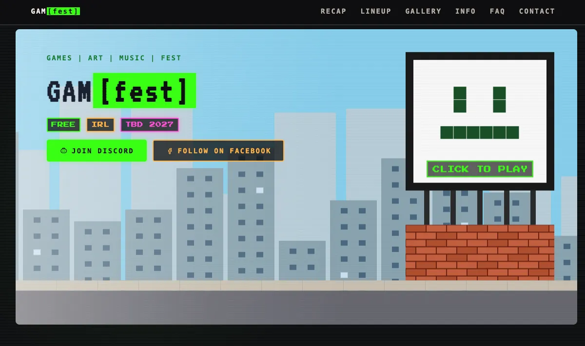 Screenshot of the GAM[fest] website showing the retro arcade-themed hero scene with the festival's billboard design