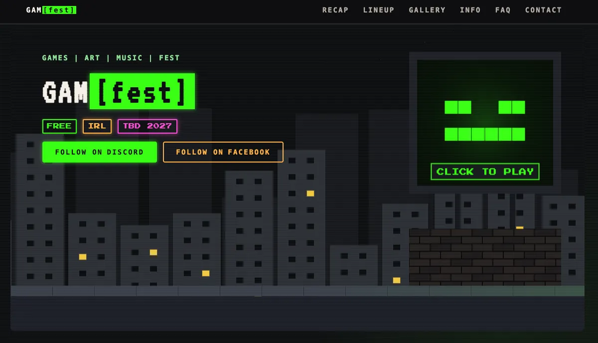 Screenshot of the GAM[fest] website showing the retro arcade-themed hero scene with the festival's billboard design