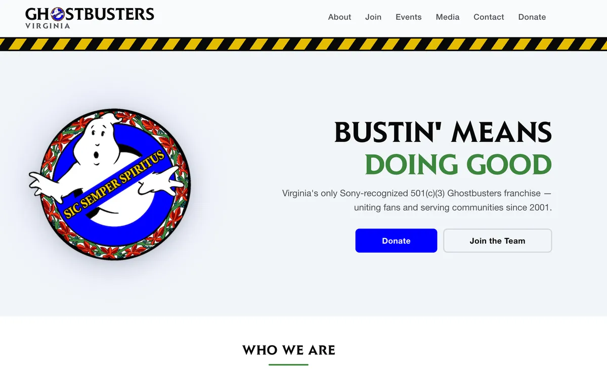 Screenshot of the Ghostbusters Virginia community website showing event listings and team information