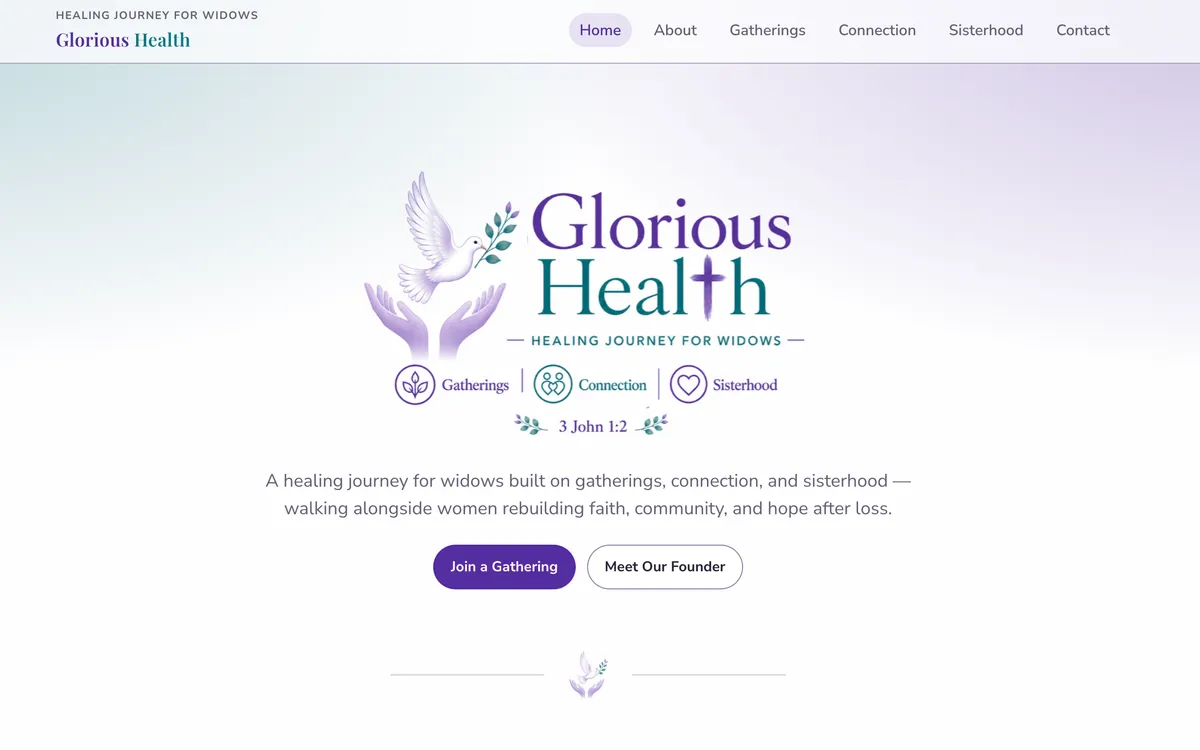 Screenshot of the Glorious Health Ministries website showing the hero section with the ministry's dove logo and its three pillars: Gatherings, Connection, and Sisterhood