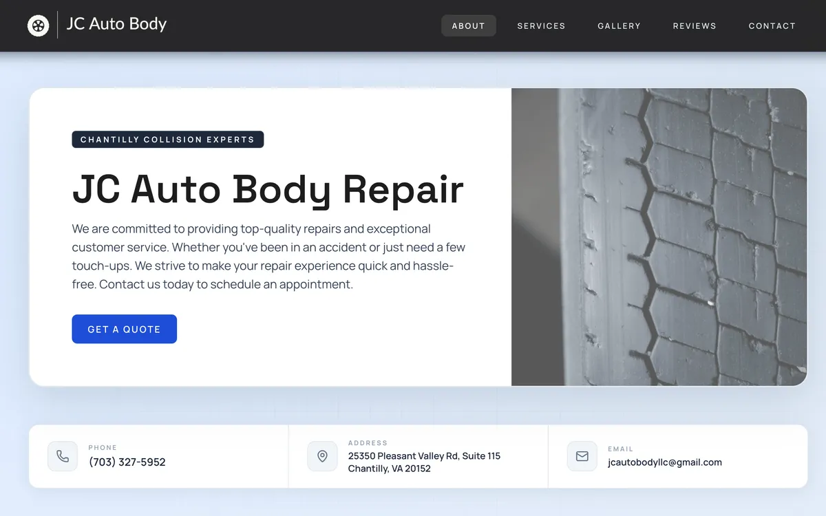 Screenshot of the JC Auto Body website showing service information and contact details