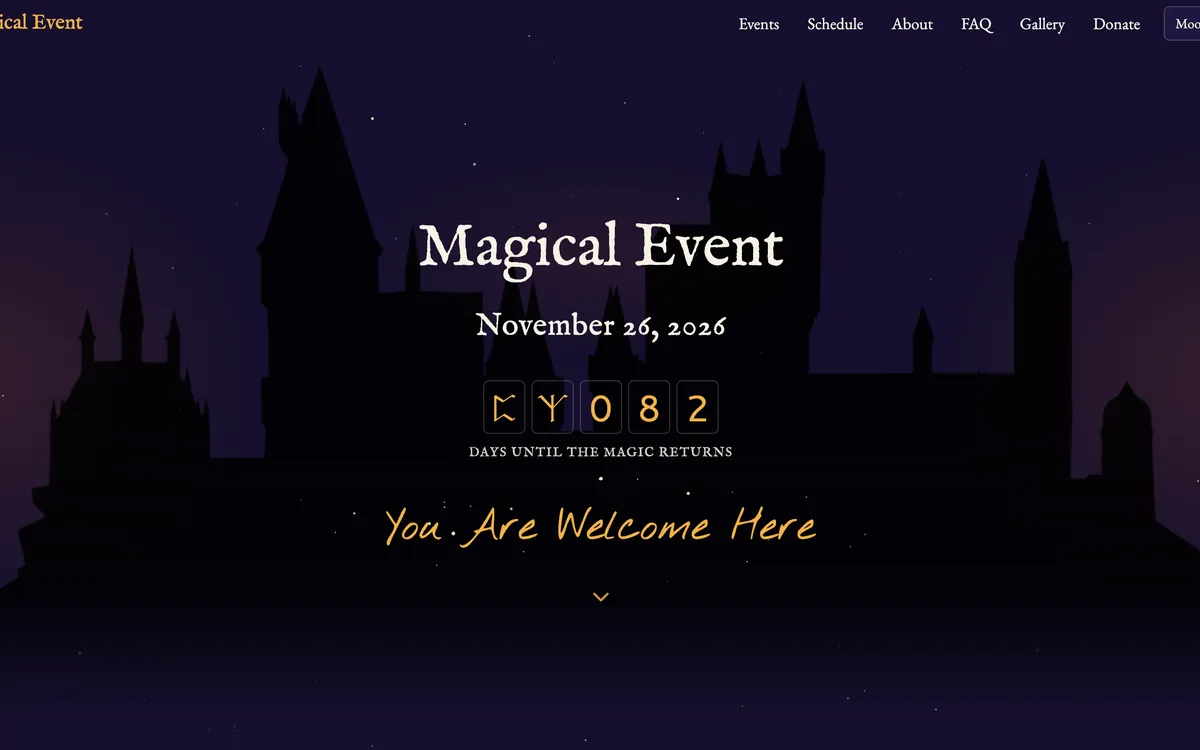 Screenshot of the Magic Festival template website showing the animated hero scene with placeholder festival branding