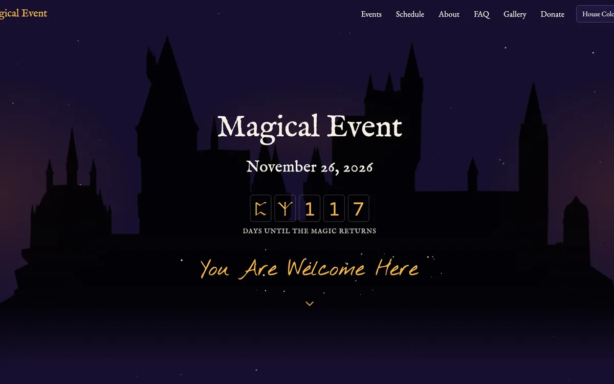 Screenshot of the Magic Festival template website showing the animated hero scene with placeholder festival branding