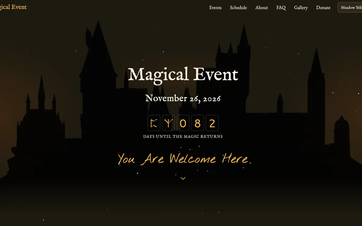 Screenshot of the Magic Festival template website showing the animated hero scene with placeholder festival branding