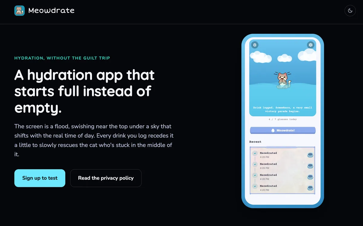 Screenshot of the Meowdrate website showing a phone mockup of the app's flooded rescue scene with a trapped cat and hydration log