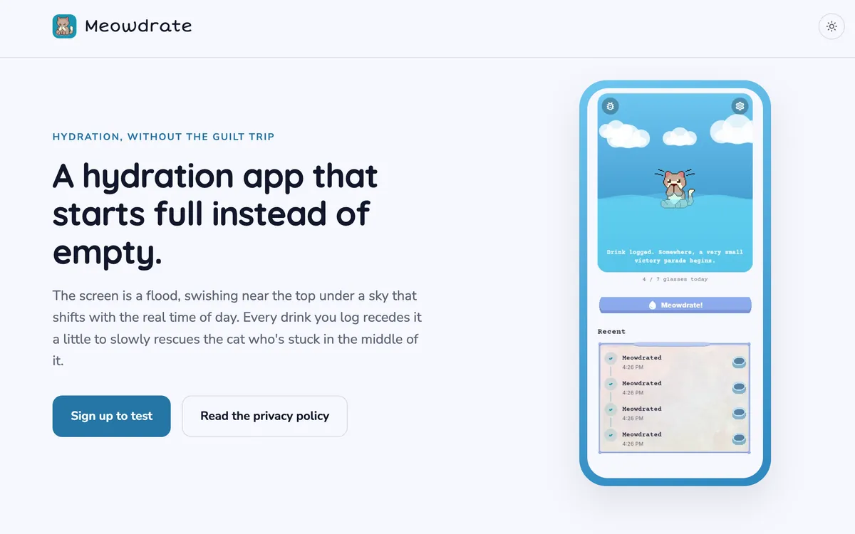 Screenshot of the Meowdrate website showing a phone mockup of the app's flooded rescue scene with a trapped cat and hydration log
