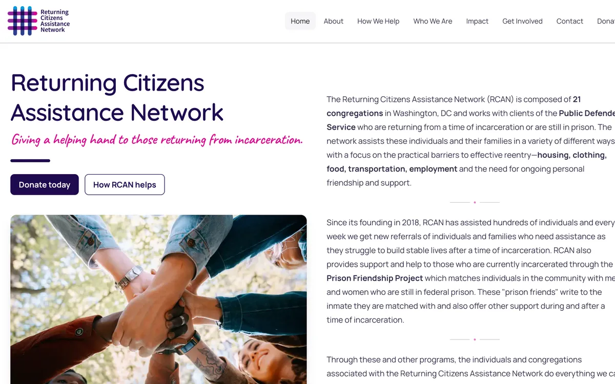 Screenshot of the RCAN website showing the homepage hero and community impact information