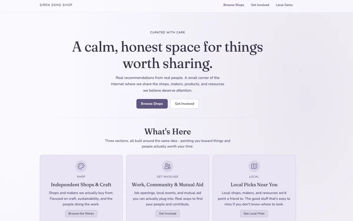 Screenshot of the Siren Song website showing curated product recommendations and local resources for sustainable living