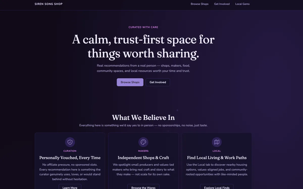 Screenshot of the Siren Song website showing curated product recommendations and local resources for sustainable living