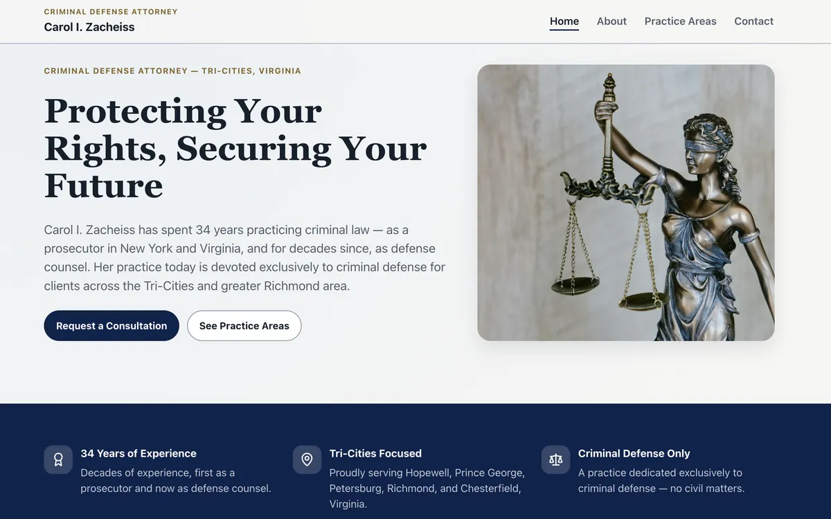 Screenshot of the Carol I. Zacheiss, Attorney at Law website showing the hero section with the statue of Lady Justice and the firm's areas of experience