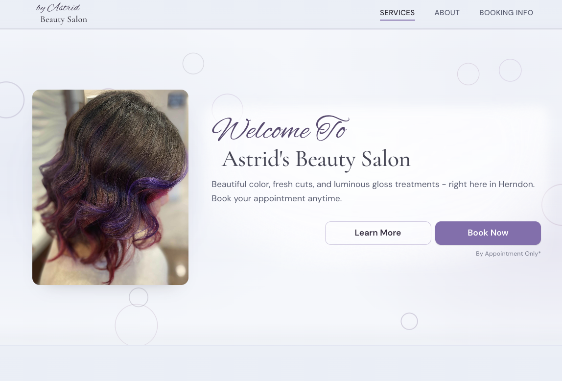 Screenshot of the Astrid Beauty Hair Salon website showing service listings and booking information