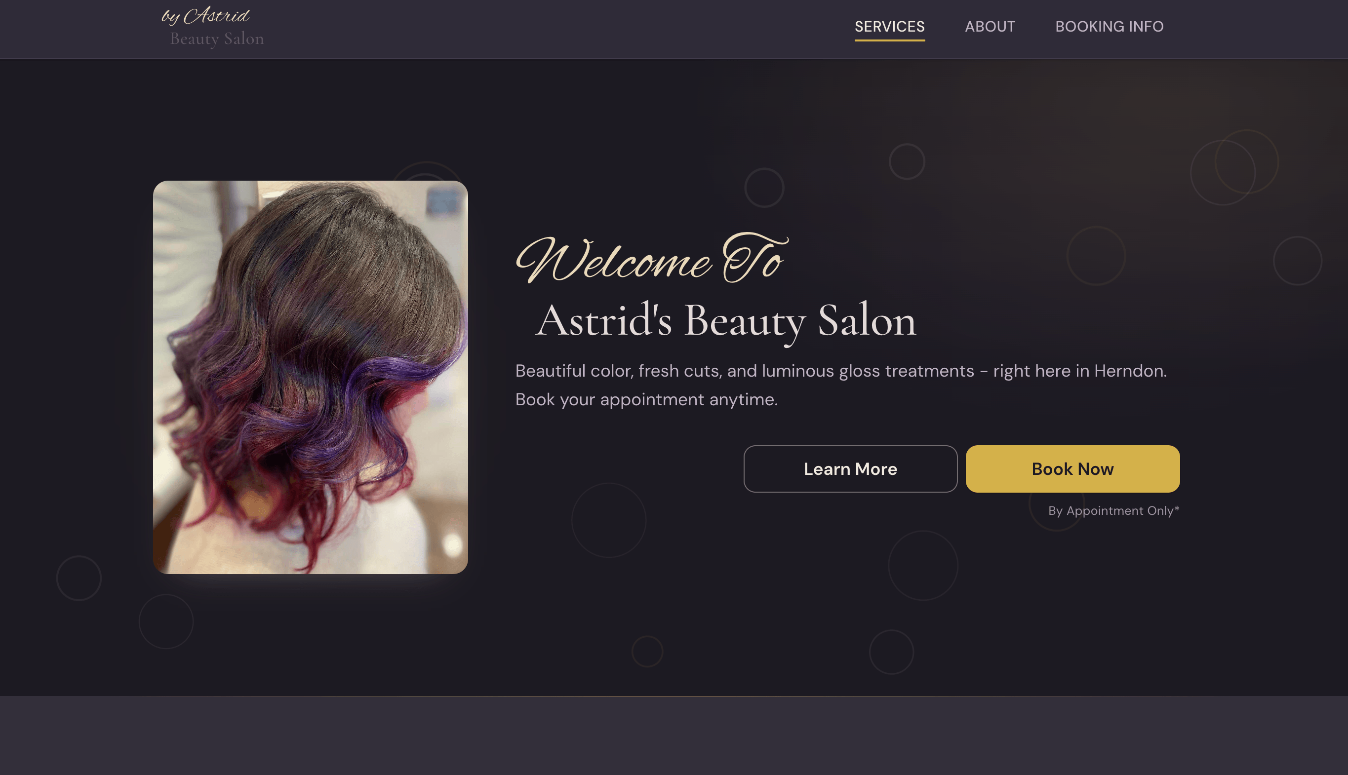 Screenshot of the Astrid Beauty Hair Salon website showing service listings and booking information