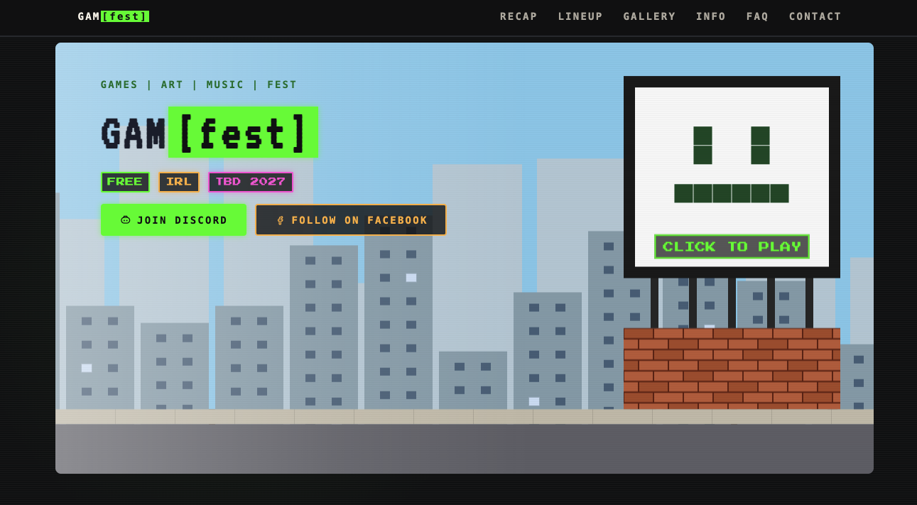 Screenshot of the GAM[fest] website showing the retro arcade-themed hero scene with the festival's billboard design