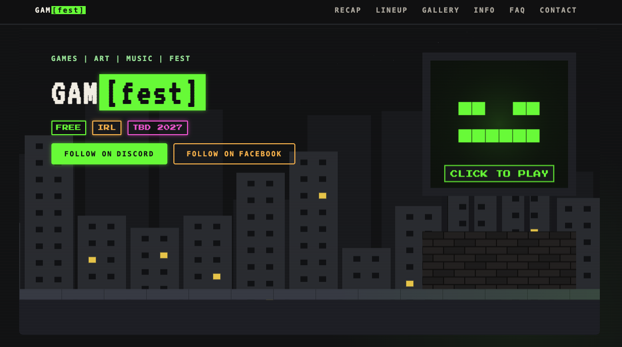 Screenshot of the GAM[fest] website showing the retro arcade-themed hero scene with the festival's billboard design