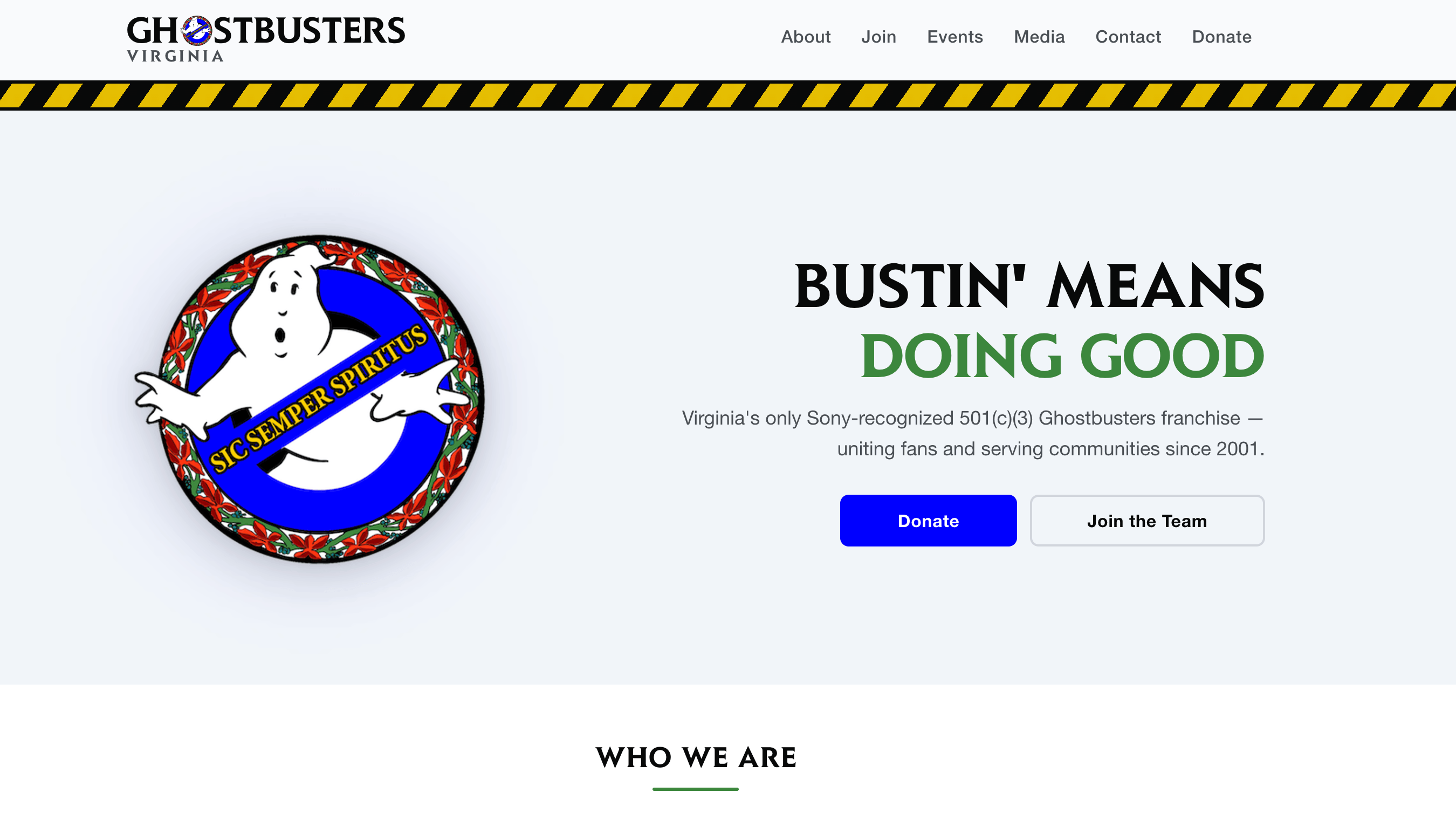 Screenshot of the Ghostbusters Virginia community website showing event listings and team information
