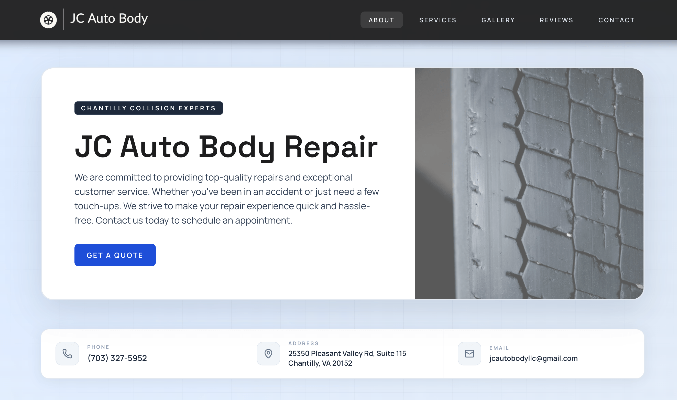 Screenshot of the JC Auto Body website showing service information and contact details