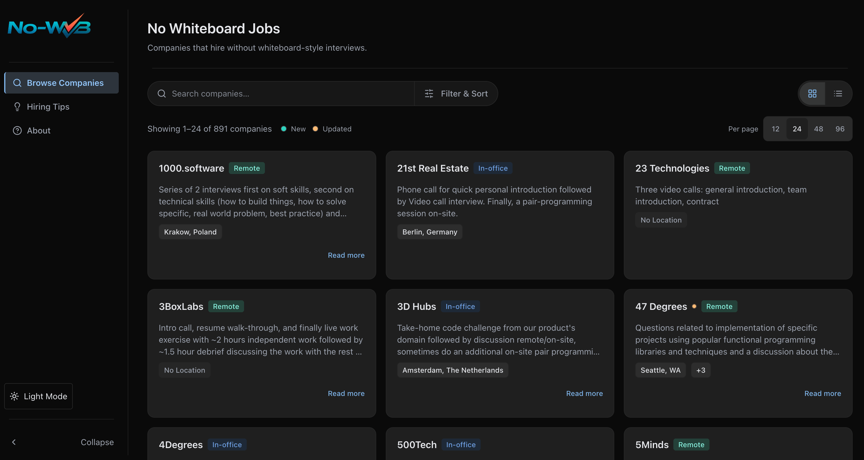 Screenshot of the No Whiteboard Jobs Dashboard showing a searchable list of tech companies that don't whiteboard in interviews