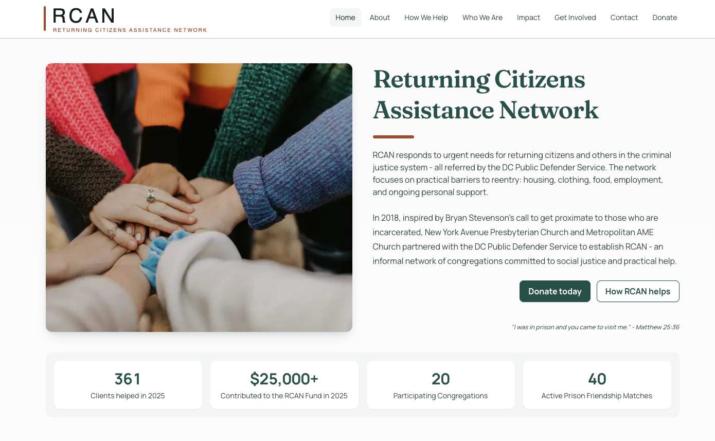 Screenshot of the RCAN website showing the homepage hero and community impact information