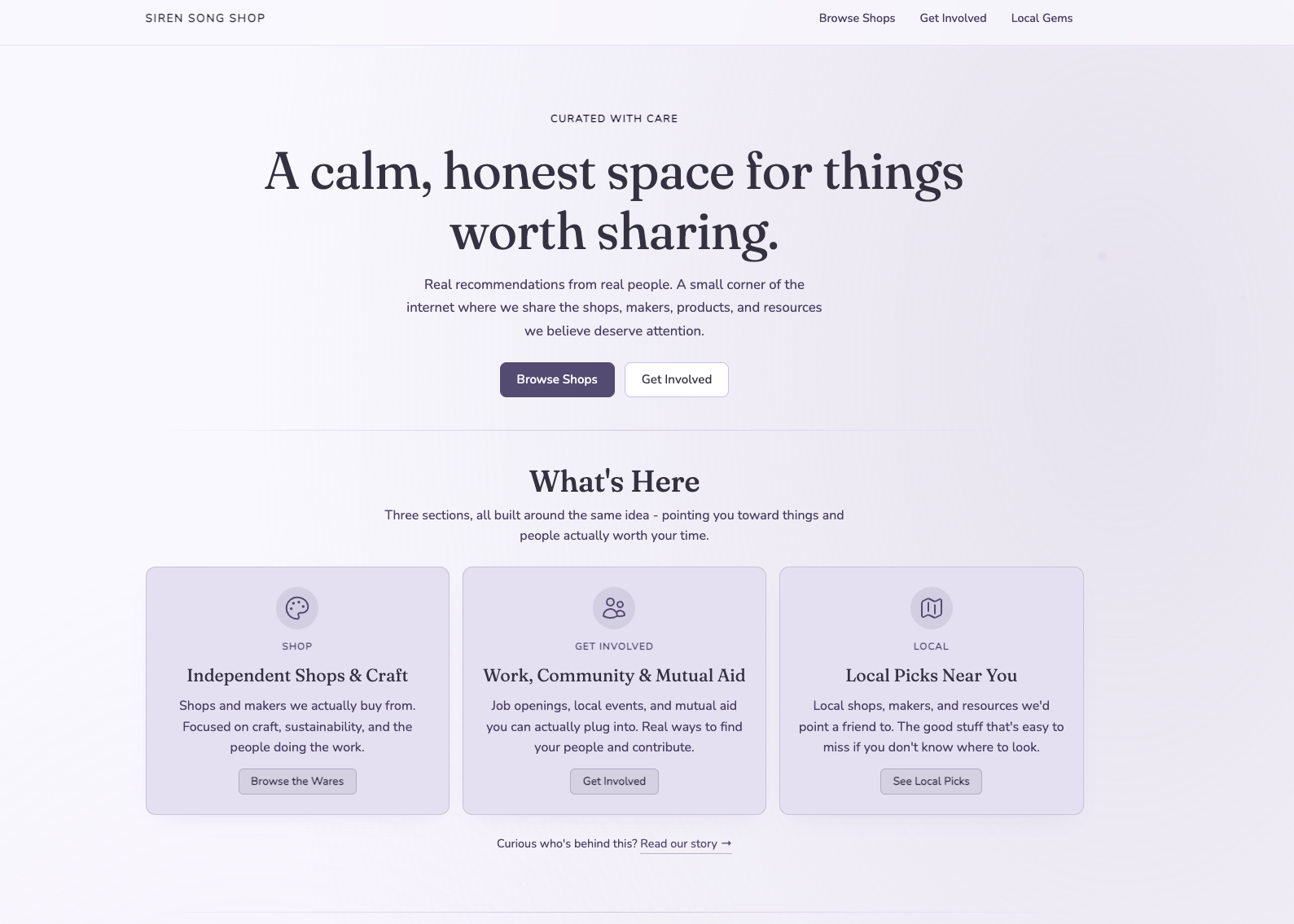Screenshot of the Siren Song website showing curated product recommendations and local resources for sustainable living