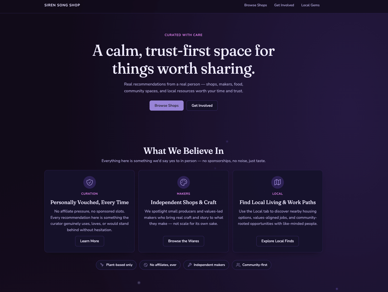 Screenshot of the Siren Song website showing curated product recommendations and local resources for sustainable living